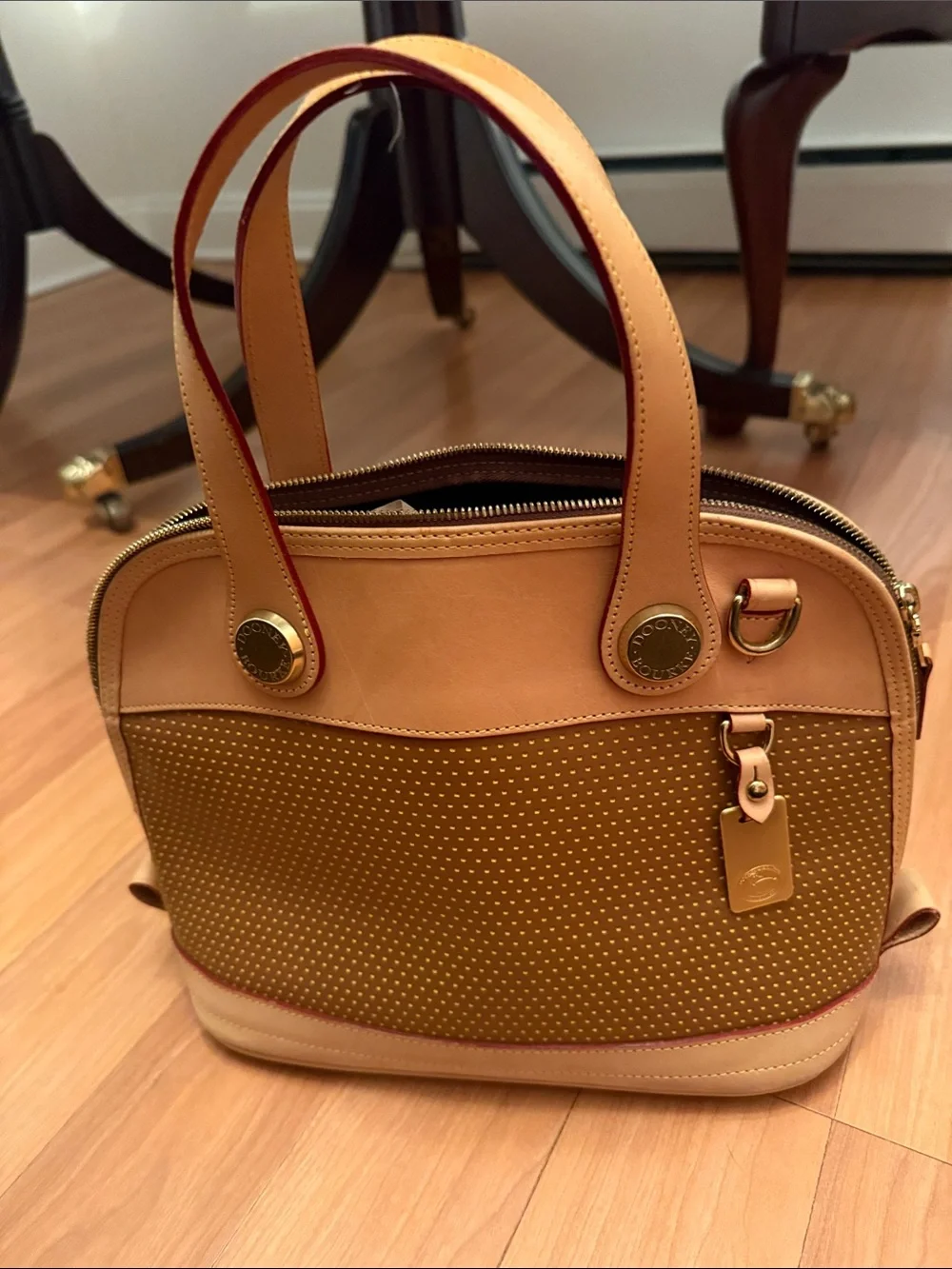 Dooney & Burke Women’s Tan and Mustard Polka Dot Satchel Bag - Leather Trim